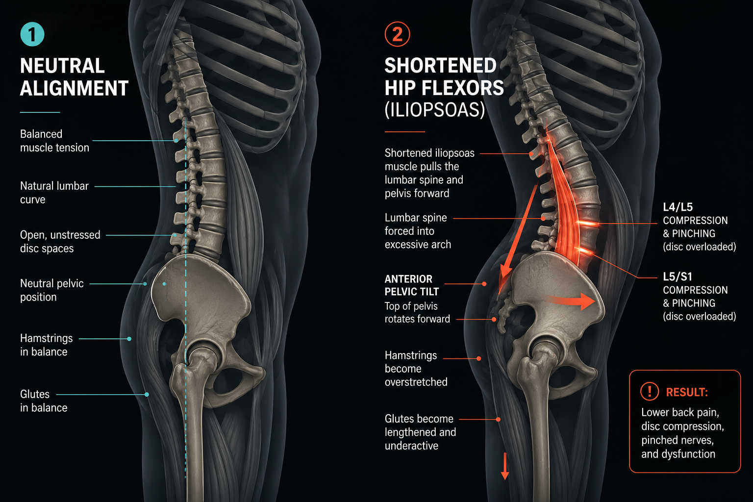 Anatomical diagram illustrating how tight hip flexors and a shortened iliopsoas muscle pull the pelvis forward, causing anterior pelvic tilt and lower back spine compression.