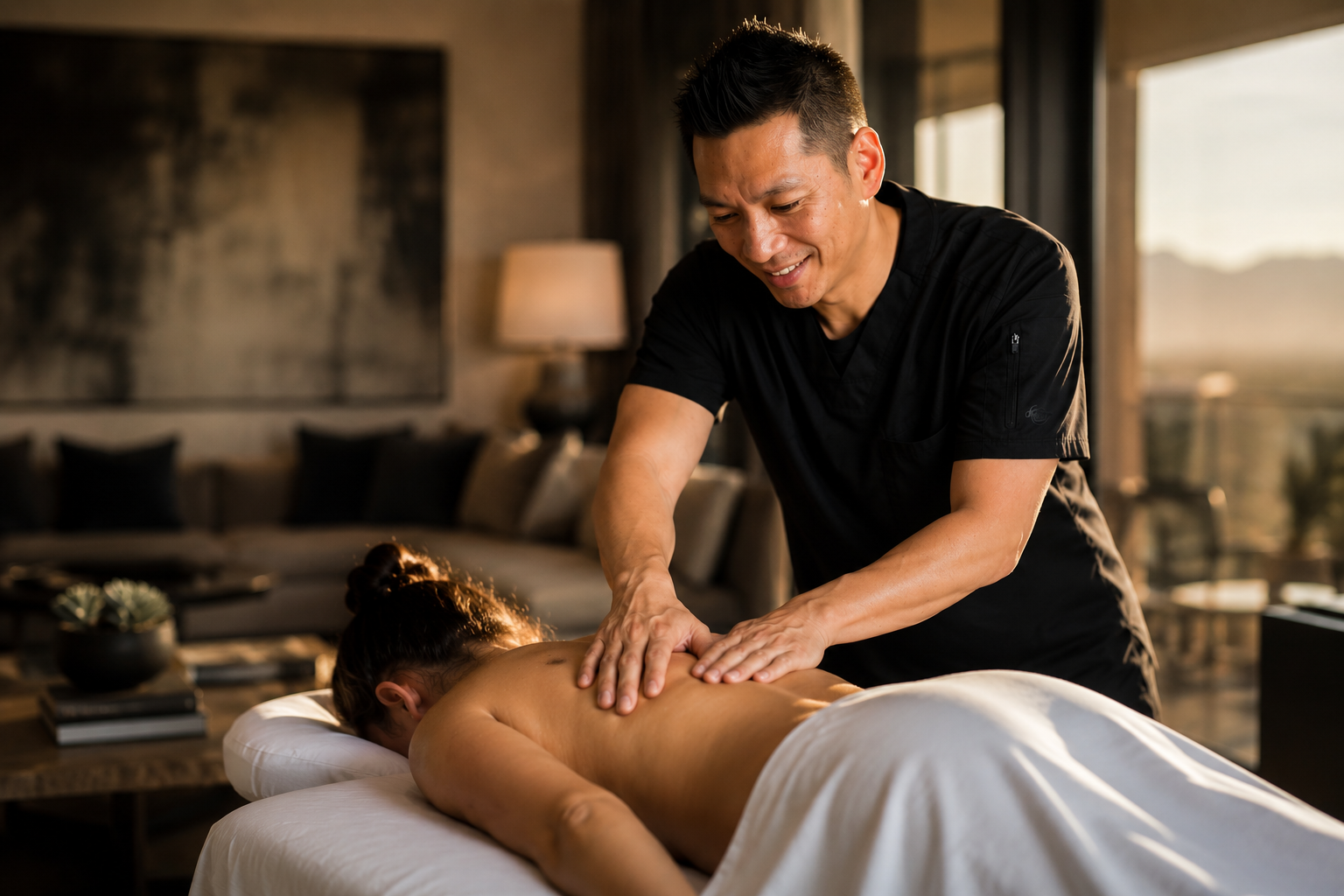 Shawn, a professional neuromuscular massage therapist with Prime Bodyworks, providing a mobile deep tissue and trigger point therapy session using a premium table setup in Las Vegas.