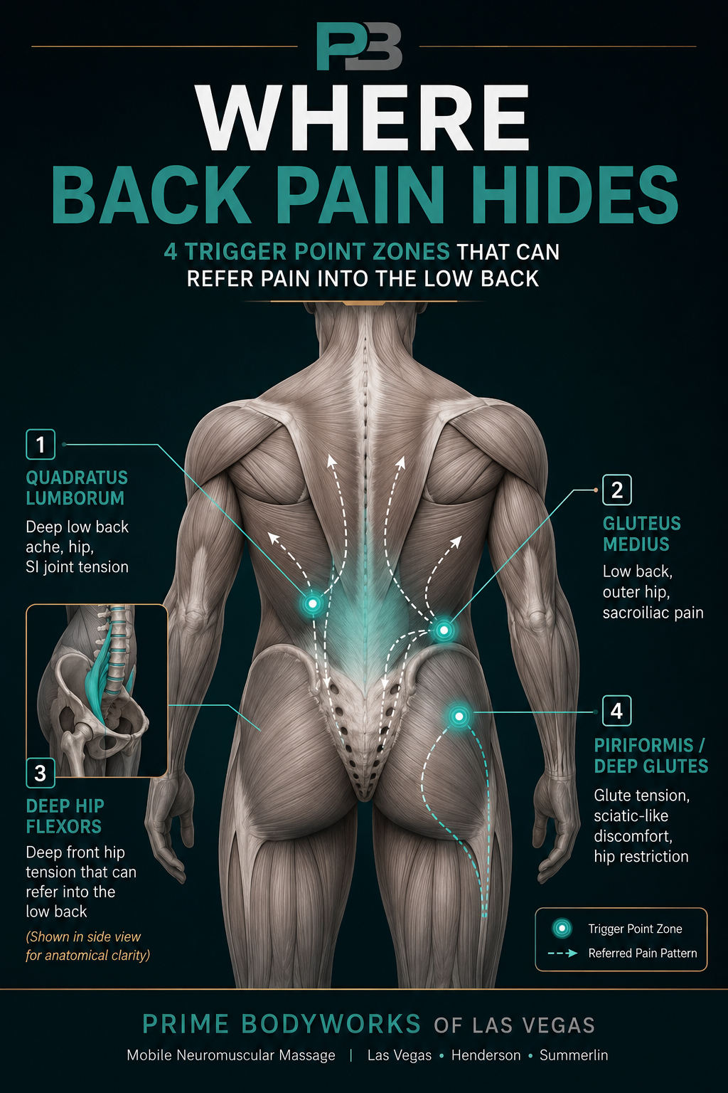 Where Back Pain Hides infographic showing four trigger point zones that can refer pain into the low back, created by Prime Bodyworks of Las Vegas