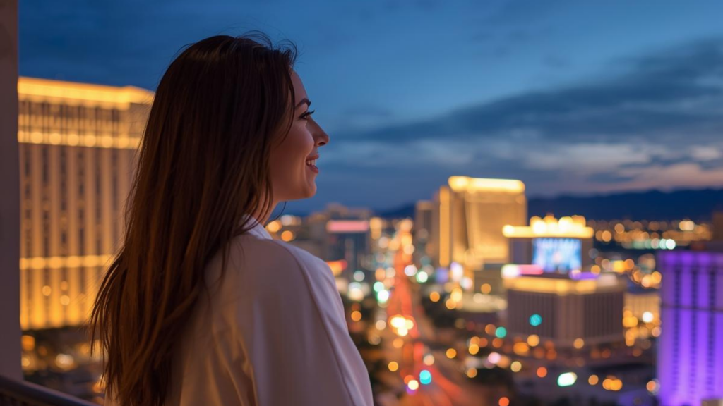Woman relaxing on balcony after in-room Las Vegas mobile massage, overlooking city skyline at sunset.