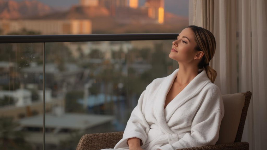 Woman relaxing on balcony after in-room Las Vegas mobile massage, overlooking city skyline at sunset.