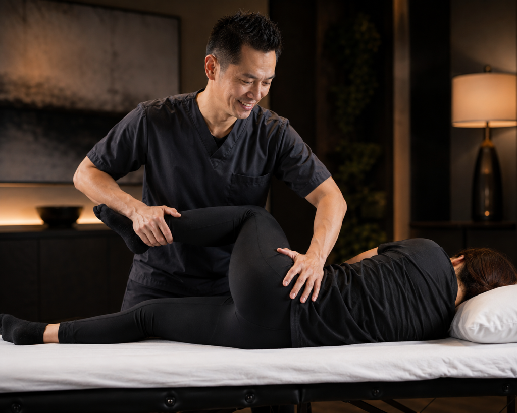 Shawn from Prime Bodyworks performing a fully clothed mobile hip mobilization and neuromuscular trigger point massage for back pain relief in Las Vegas.
